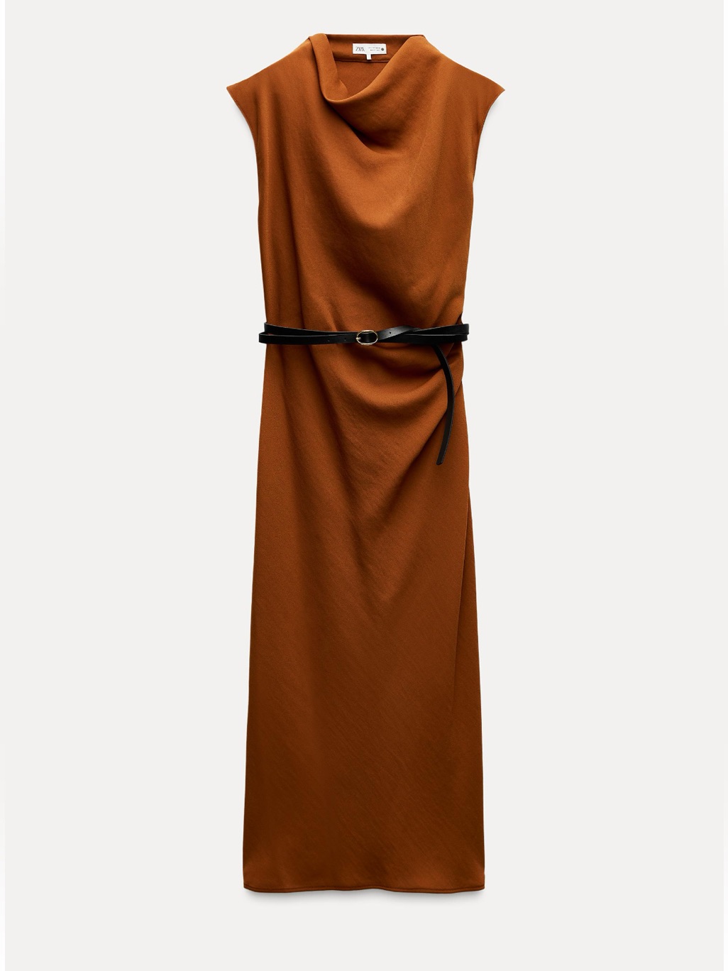 Zara Zw Collection Cowl Neck Rust Sleeveless Draped Belted Midi Dress Orange Xs